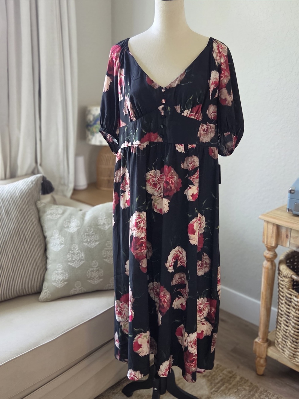Express Black Maxi Dress with Pink Floral Print